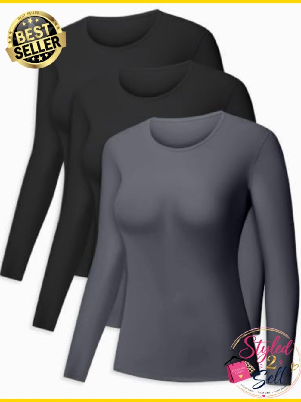 3 Pack Thermal Underwear Shirts for Women Long Sleeve Fleece Lined Tops